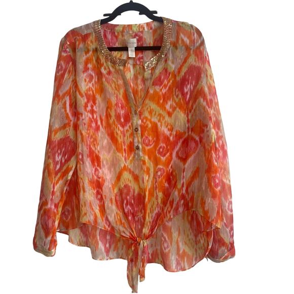 Chico's Tops - Chico's Sheer Orange and Pink Ikat Design Gold Sequin Tie Knot Hem Button Blouse